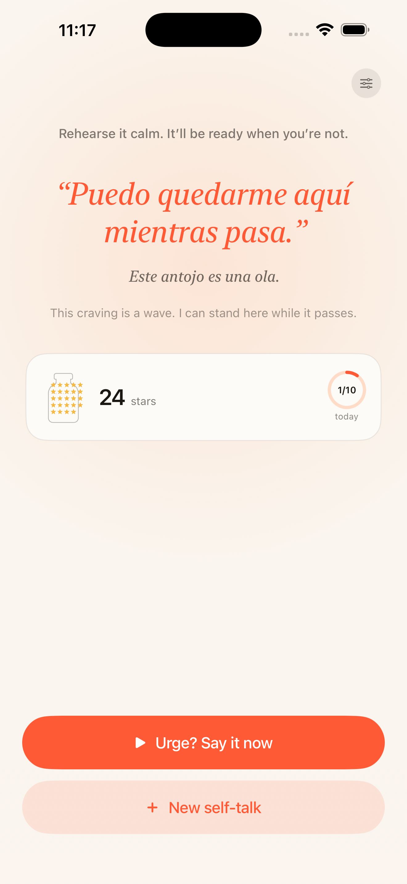 Sottosay home screen: today's pause sentence in Spanish, a star jar, and the 'Urge? Say it now' button.