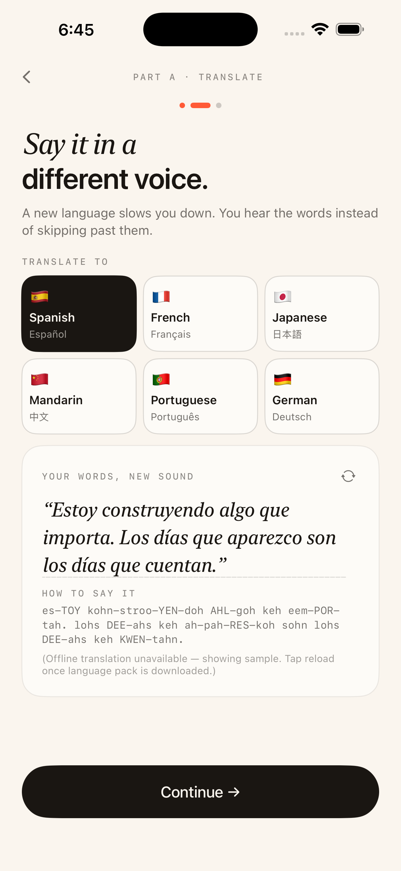 The Translate screen with six language tiles — Spanish selected — showing the affirmation in Spanish with a phonetic 'how to say it' guide.