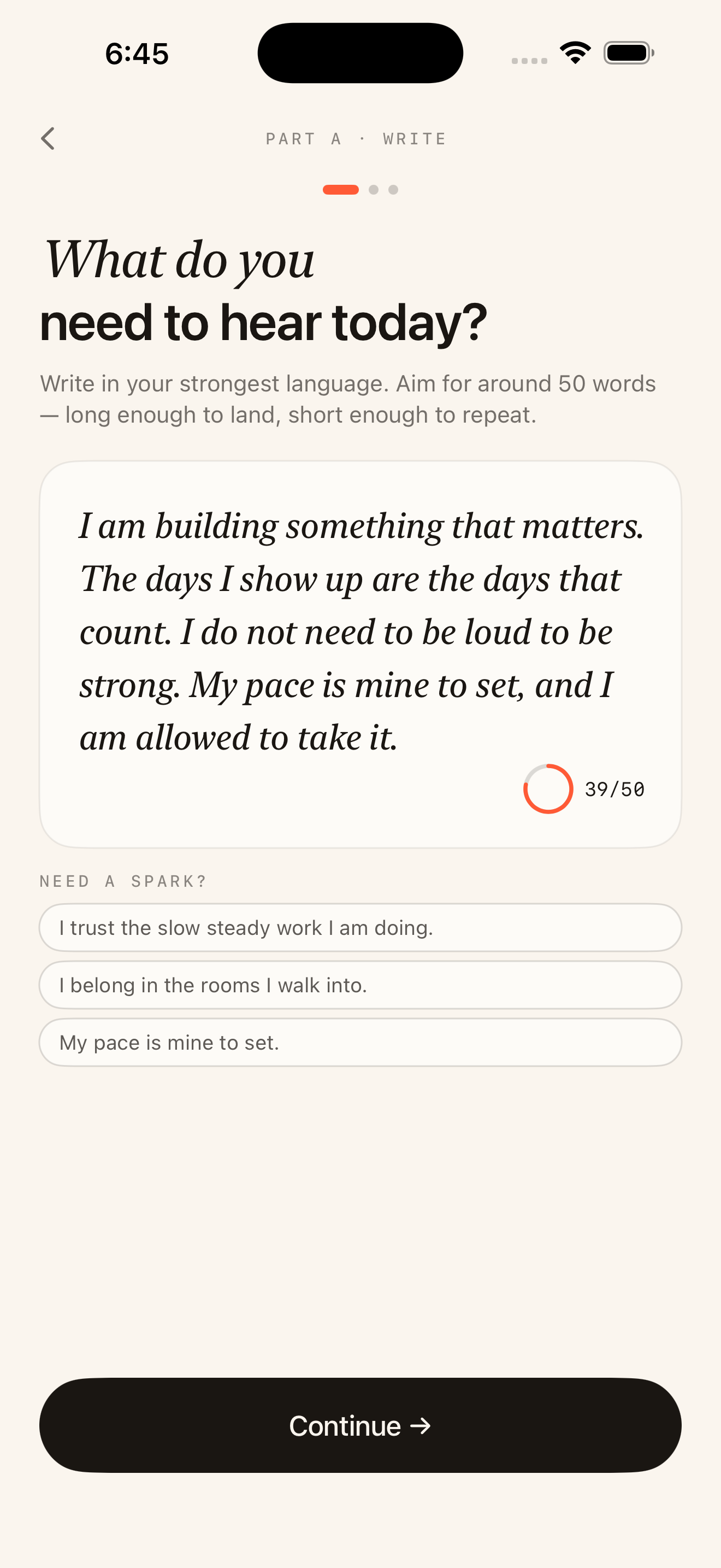 The Write screen asking 'What do you need to hear today?' with a written affirmation and a character ring at 39 of 50.